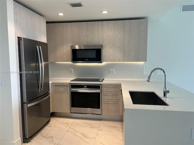 kitchen featuring light brown cabinets, stainless steel appliances, and sink