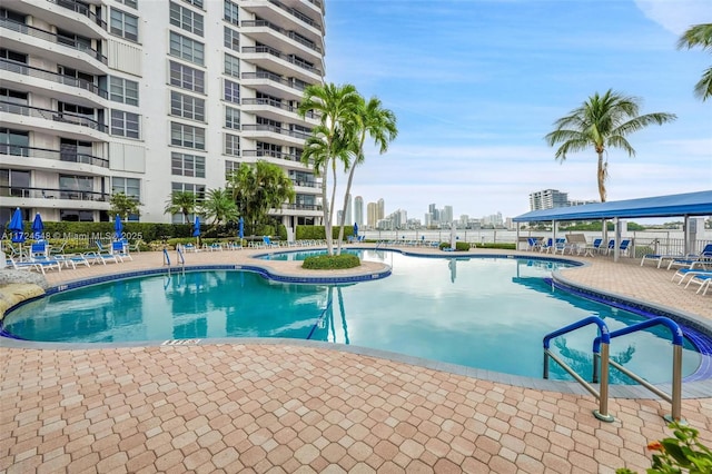 view of swimming pool with a patio area