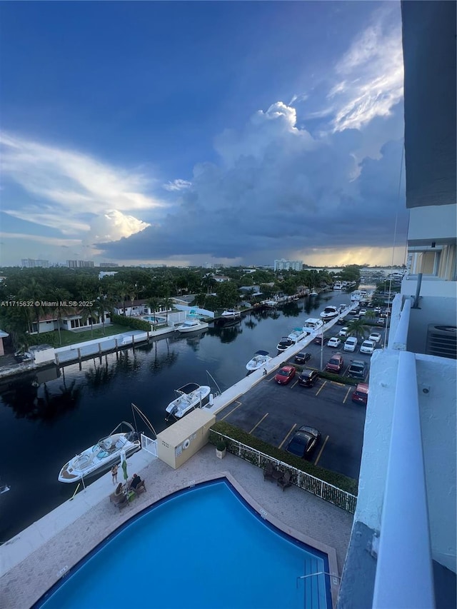 exterior space with a water view