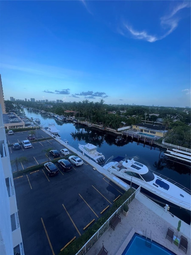 bird's eye view with a water view