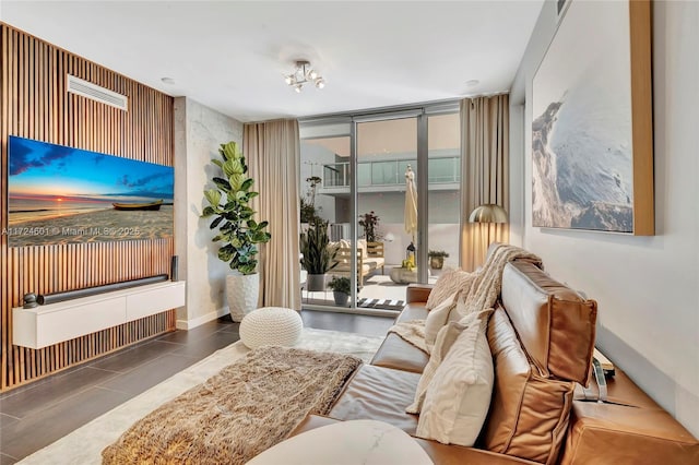 tiled living room with expansive windows