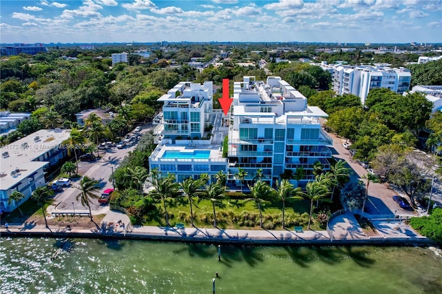 drone / aerial view featuring a water view