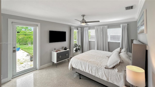 bedroom featuring access to exterior, ceiling fan, and ornamental molding