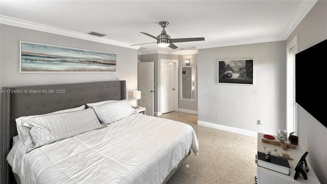 bedroom featuring ceiling fan and crown molding