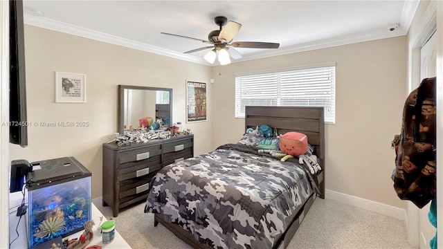 bedroom with ceiling fan and crown molding