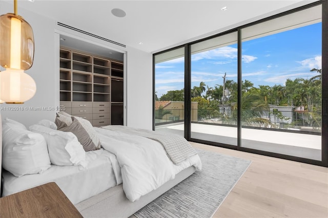 bedroom with access to outside, a spacious closet, expansive windows, and hardwood / wood-style flooring