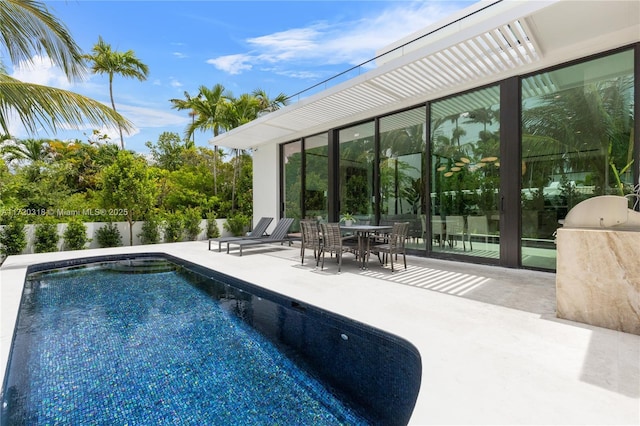 view of swimming pool with a pergola and a patio