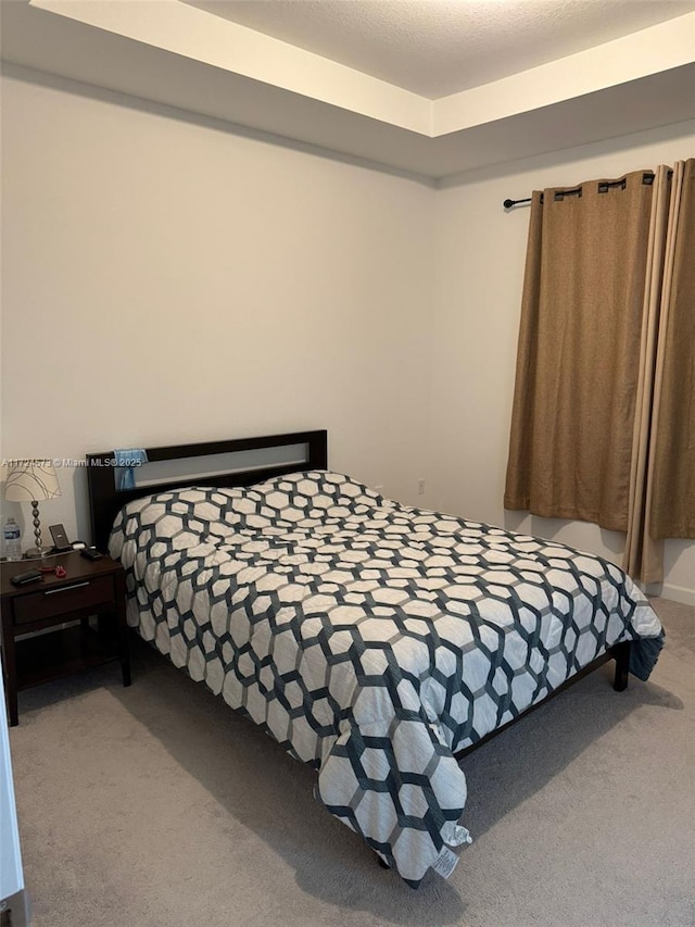 bedroom featuring carpet and a tray ceiling