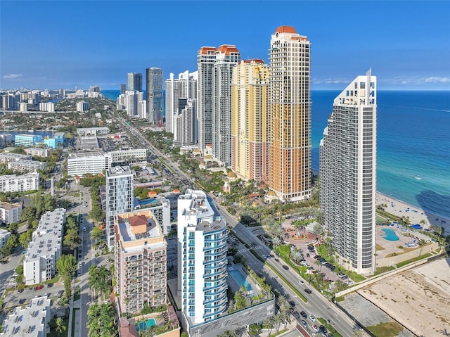 drone / aerial view with a water view and a view of the beach