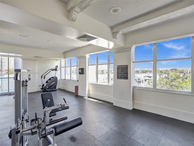 workout area featuring a textured ceiling and plenty of natural light