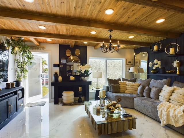 living room featuring wooden ceiling, a chandelier, and beam ceiling