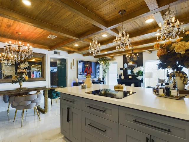 kitchen featuring gray cabinetry, beam ceiling, black electric stovetop, and wooden ceiling