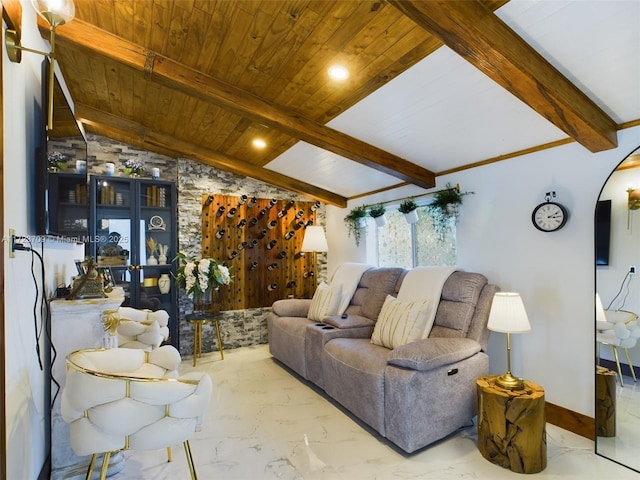 living room featuring wood ceiling and lofted ceiling with beams