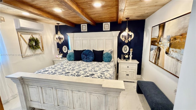 bedroom with beam ceiling, wooden ceiling, and a wall unit AC