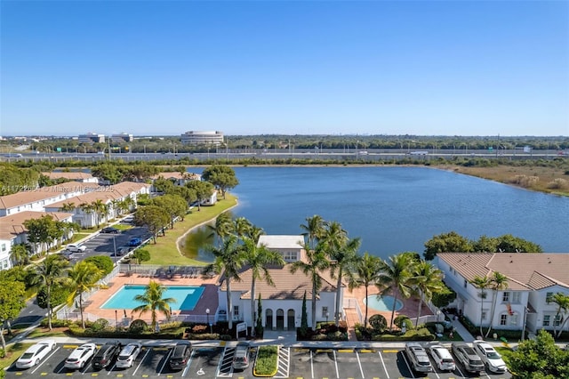 drone / aerial view with a water view