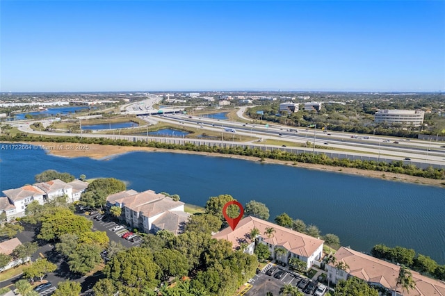 aerial view featuring a water view