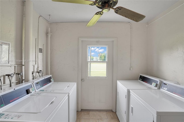 laundry room with independent washer and dryer, ceiling fan, and light tile patterned flooring