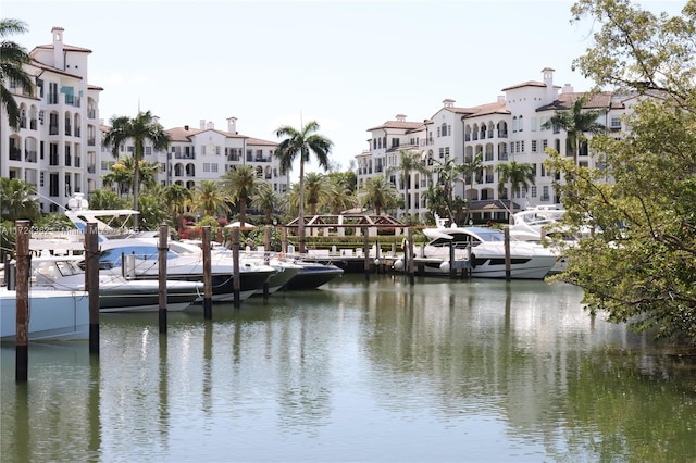 view of water feature with a boat dock