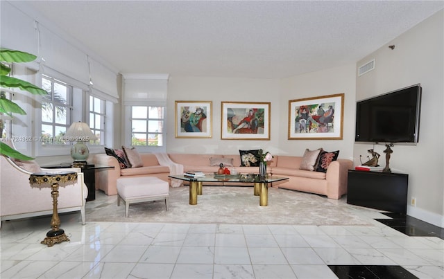 living room featuring a textured ceiling