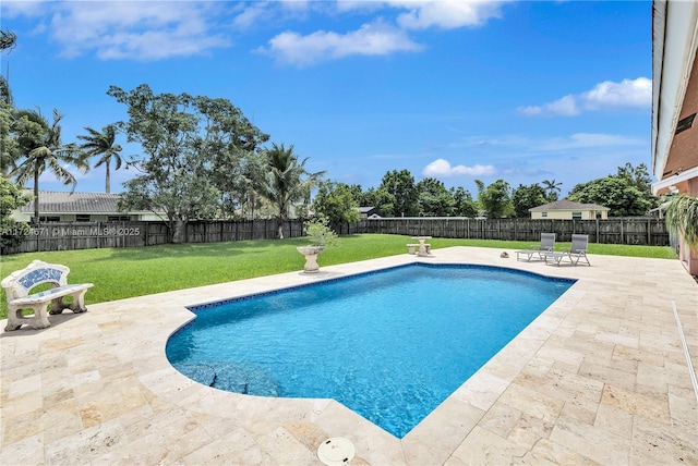 view of swimming pool with a yard and a patio