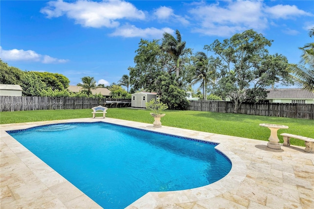 view of swimming pool with a patio, a lawn, and a storage unit