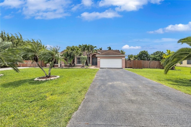 single story home with a garage and a front yard