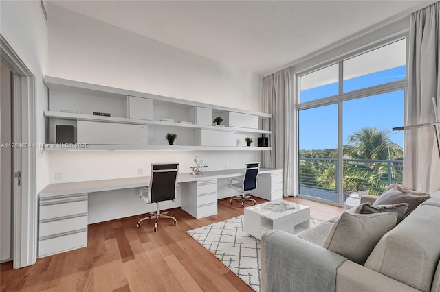 office space featuring built in desk and light hardwood / wood-style floors