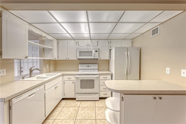 kitchen featuring sink, white appliances, white cabinets, and kitchen peninsula