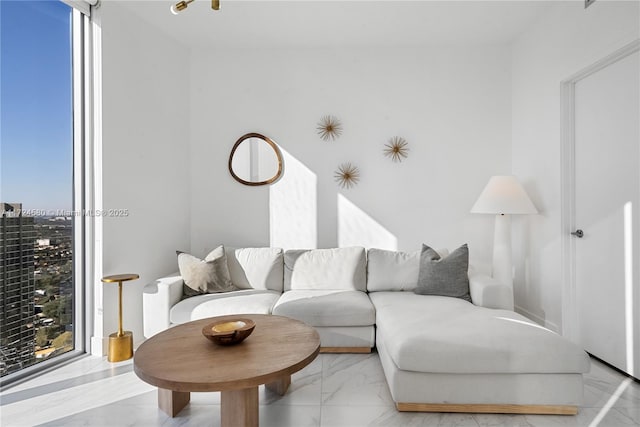 living room featuring a wall of windows and a healthy amount of sunlight