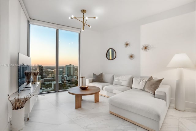 2900 NE 7th Ave Unit 3509, Miami, FL 33137 - living area with a wall of windows, light marble finish flooring, and a chandelier