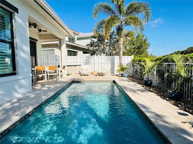 view of pool with a patio area and ceiling fan