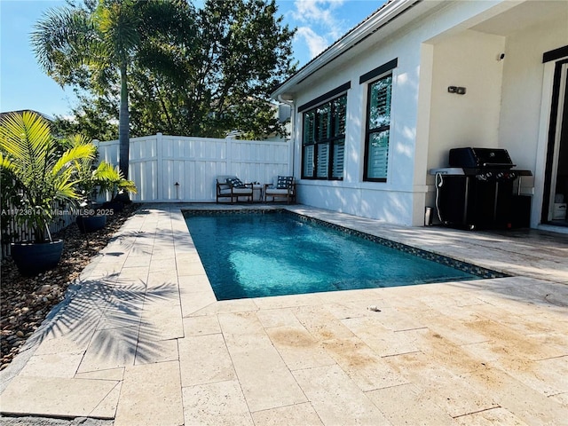 view of swimming pool featuring area for grilling and a patio area