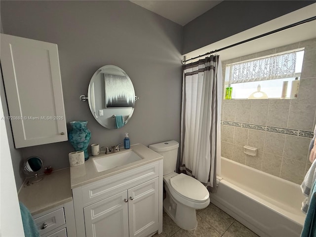 full bathroom with toilet, vanity, tile patterned floors, and shower / bathtub combination with curtain