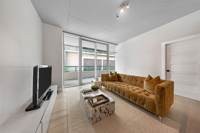 living room with rail lighting and expansive windows