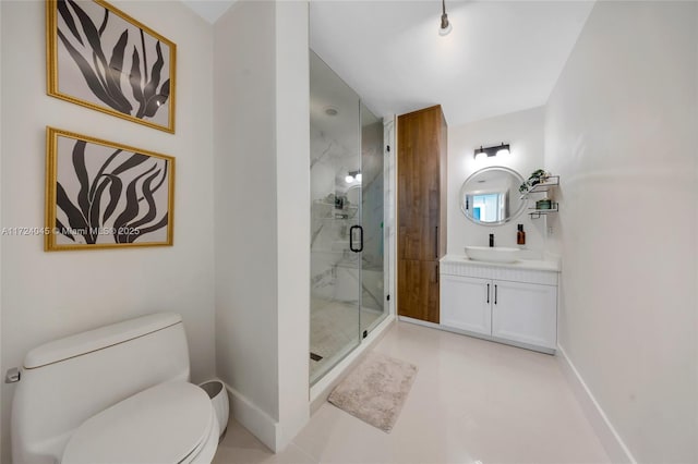 bathroom featuring toilet, vanity, tile patterned flooring, and walk in shower