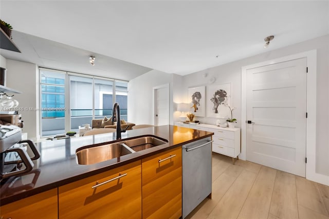 kitchen with a wall of windows, light wood-type flooring, dishwasher, and sink