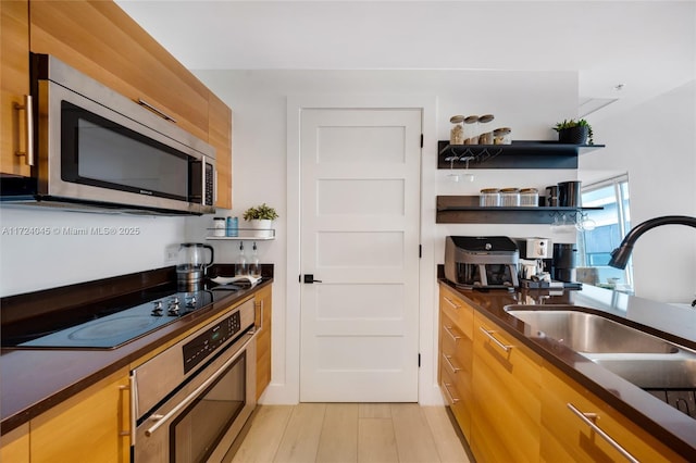 kitchen with light wood-type flooring, appliances with stainless steel finishes, and sink