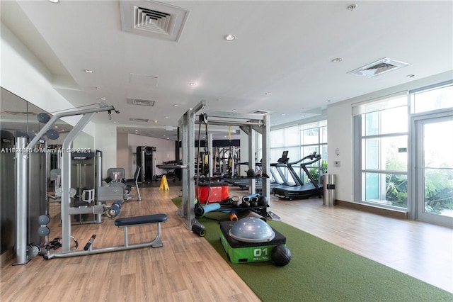 exercise room with hardwood / wood-style flooring