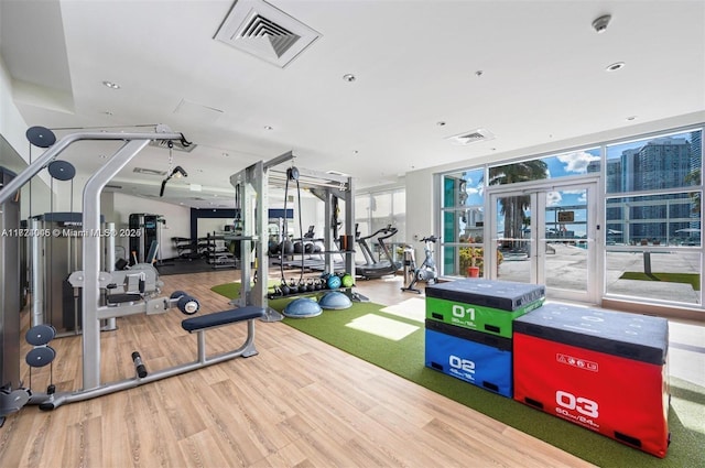 gym featuring a wall of windows, french doors, and hardwood / wood-style floors