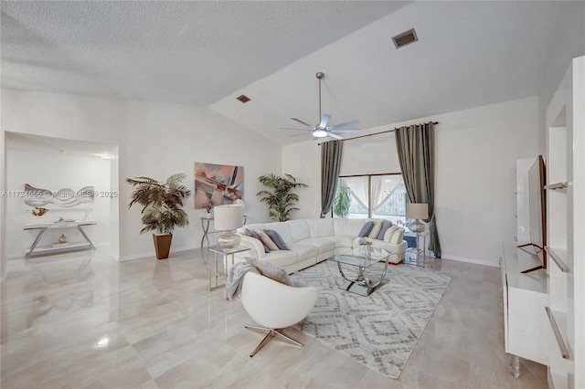 living room featuring visible vents, lofted ceiling, a textured ceiling, and a ceiling fan