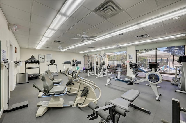 gym featuring a paneled ceiling, visible vents, and ceiling fan