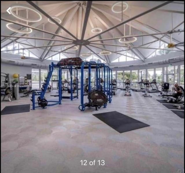 gym featuring lofted ceiling