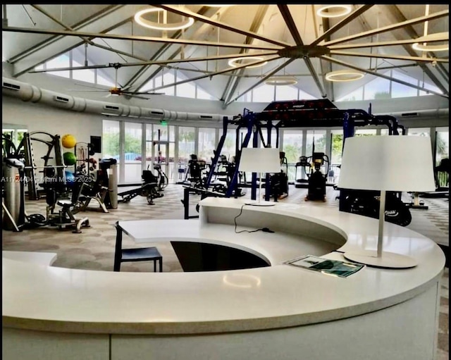 workout area featuring ceiling fan and high vaulted ceiling