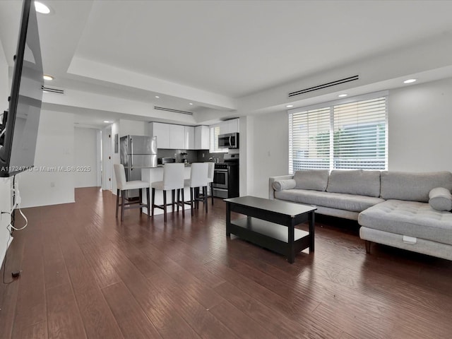 living room featuring dark hardwood / wood-style flooring and a raised ceiling