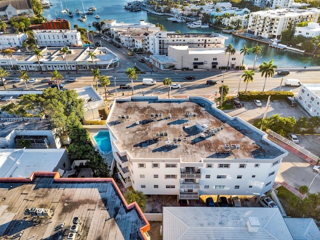 drone / aerial view featuring a water view