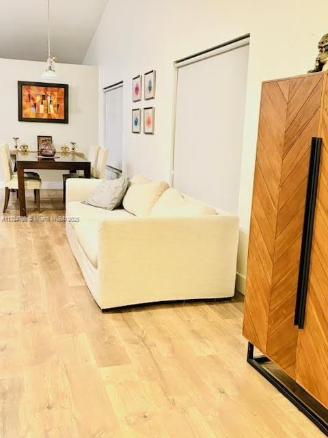 living room featuring vaulted ceiling and wood-type flooring