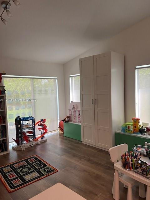 rec room featuring vaulted ceiling and wood finished floors