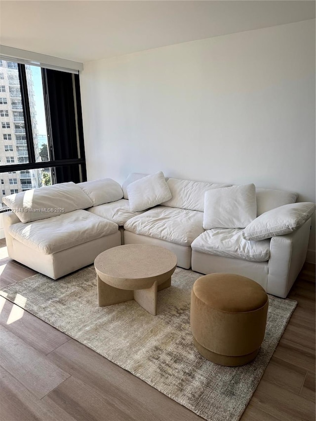 living room featuring a wall of windows