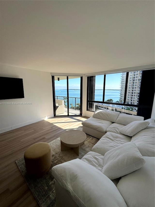 living room featuring hardwood / wood-style floors, a water view, expansive windows, and a healthy amount of sunlight