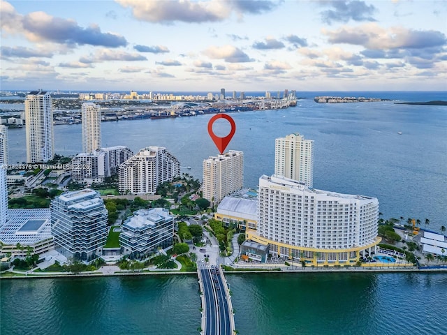 bird's eye view with a water view